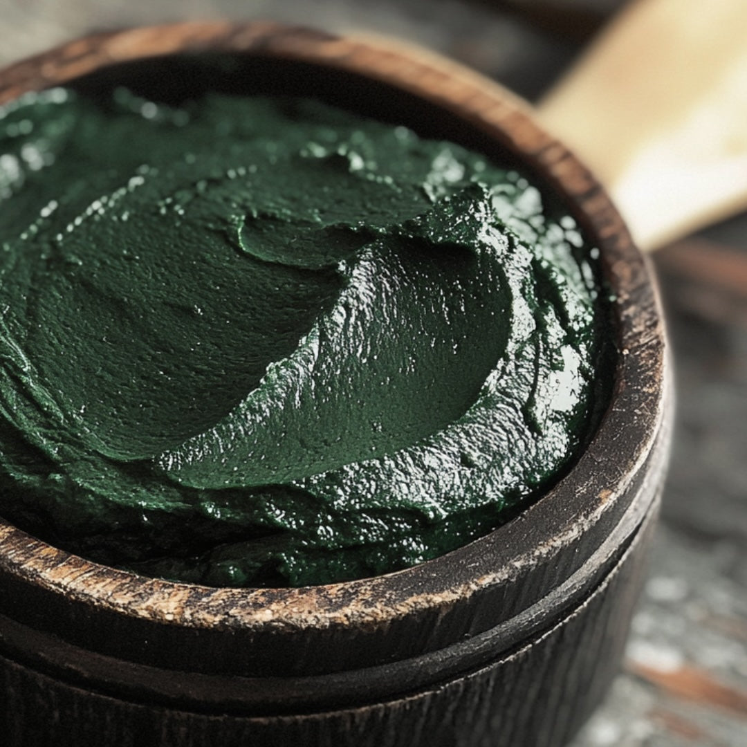 Dunkelgrüne Spirulina-Paste in einem Holzbehälter: Die Paste hat eine dicke, cremige Konsistenz und eine intensive grüne Farbe.