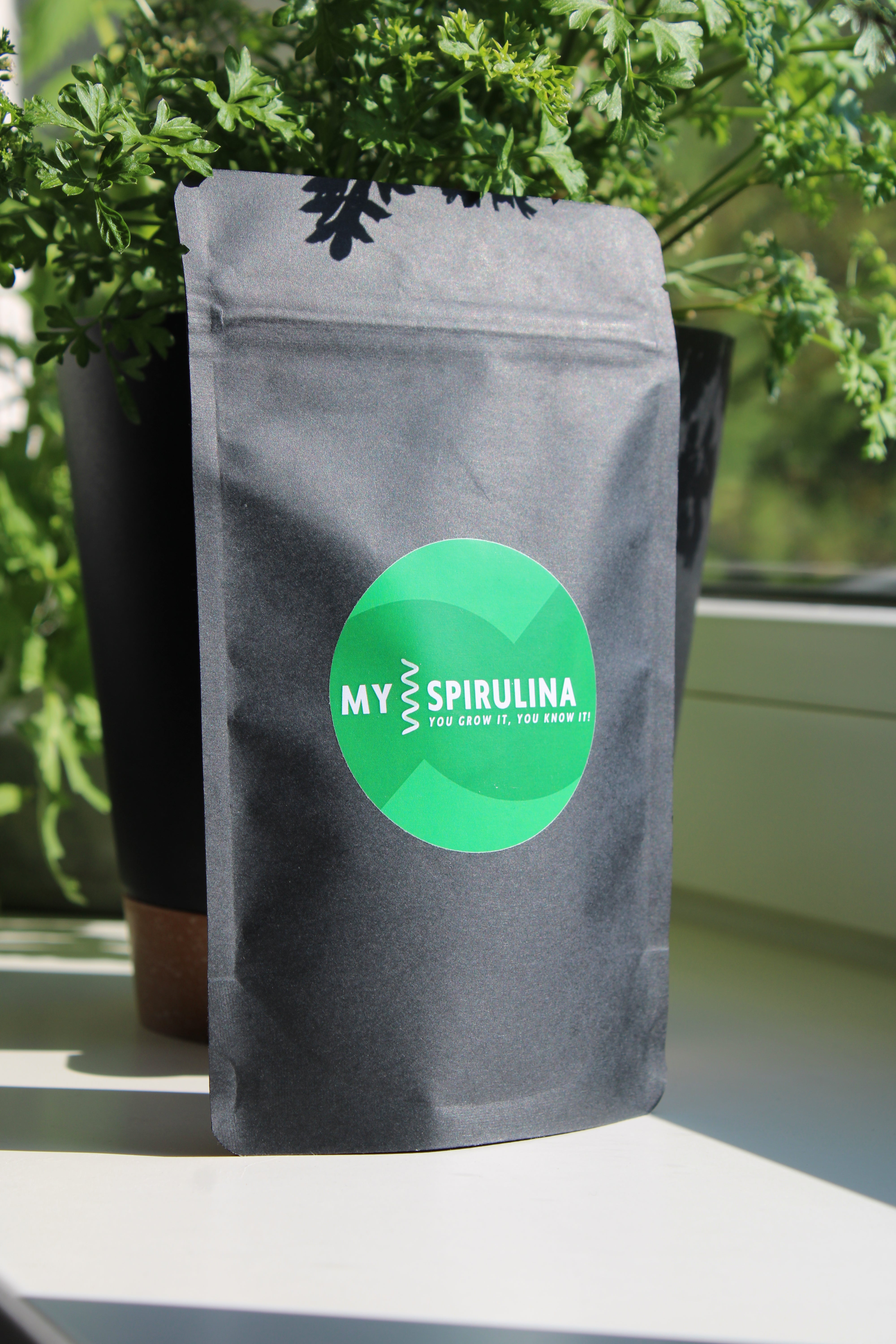 Schwarze Verpackung von Spirulina mit zentral platziertem ‚my spirulina‘-Logo: minimalistisches, modernes Design mit klarer Markenkennzeichnung auf der Vorderseite.