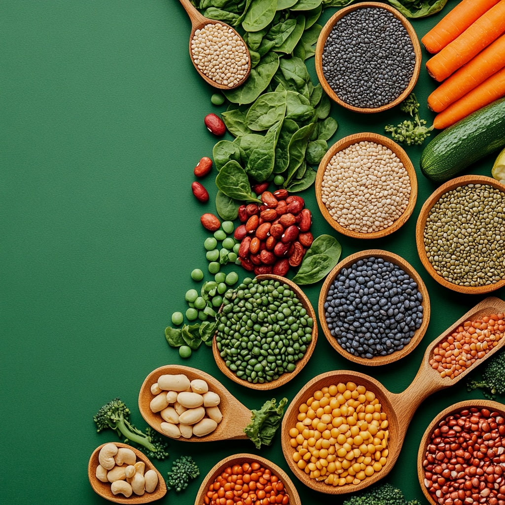 Bild auf grünem Boden, das verschiedene Hülsenfrüchte zeigt.
