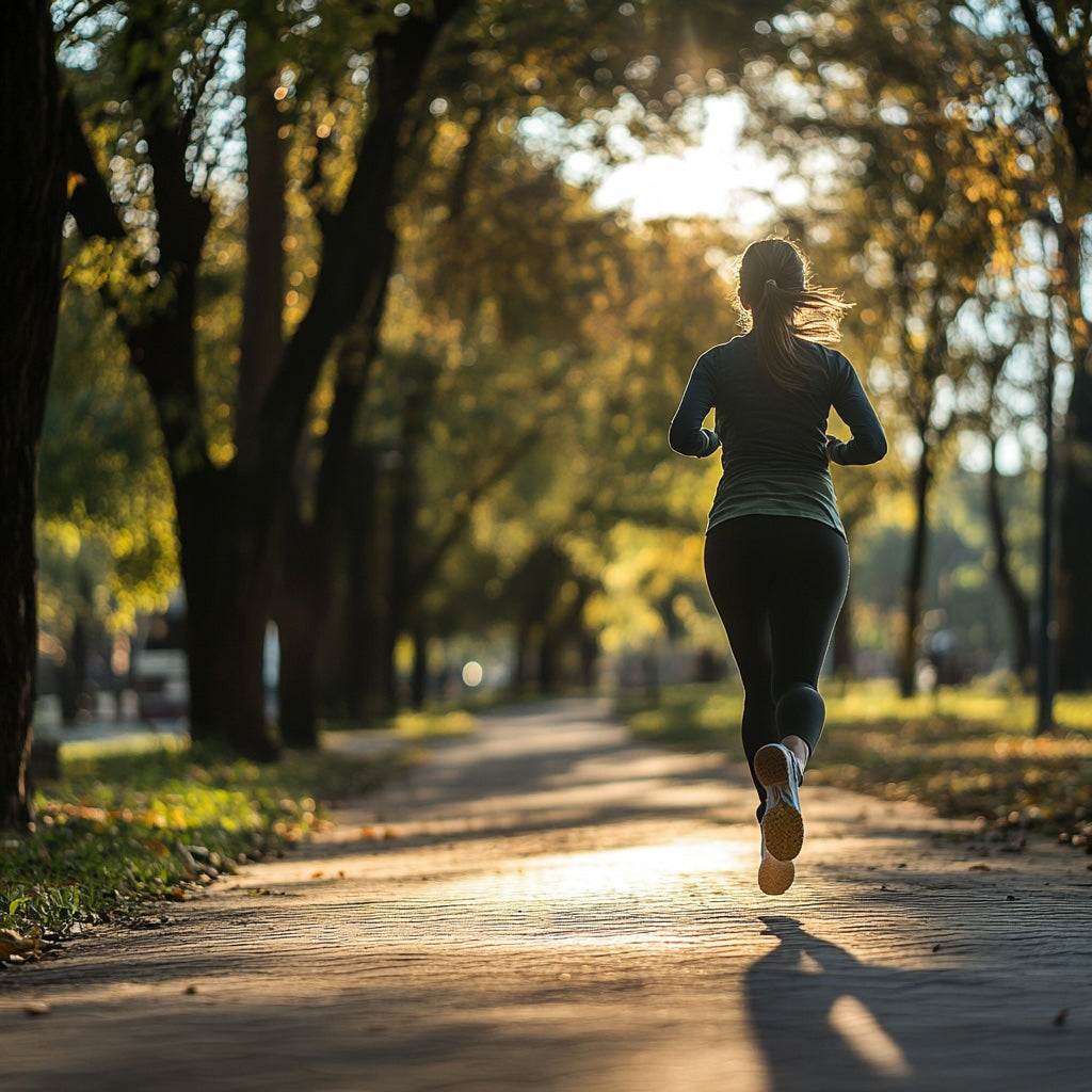 Frau, die im Sonnenuntergang auf einer Allee joggt