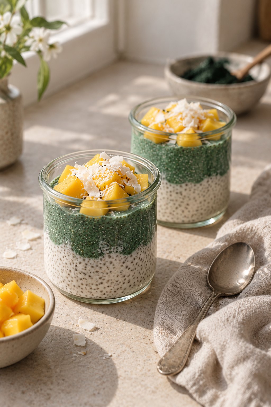 Zwei Gläser Chia Pudding in zwei Schichten, unten cremig weiß, oben grün mit frischer Spirulina, belegt mit Mangowürfeln und Kokosraspeln auf einer hellen Steinplatte am Fenster