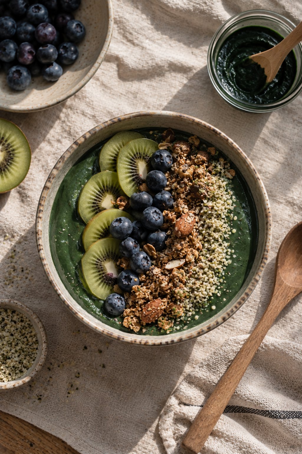 Grüne Smoothie Bowl mit frischer Spirulina von oben, belegt mit Kiwischeiben, Blaubeeren, Granola und Hanfsamen auf einer Leinentischdecke