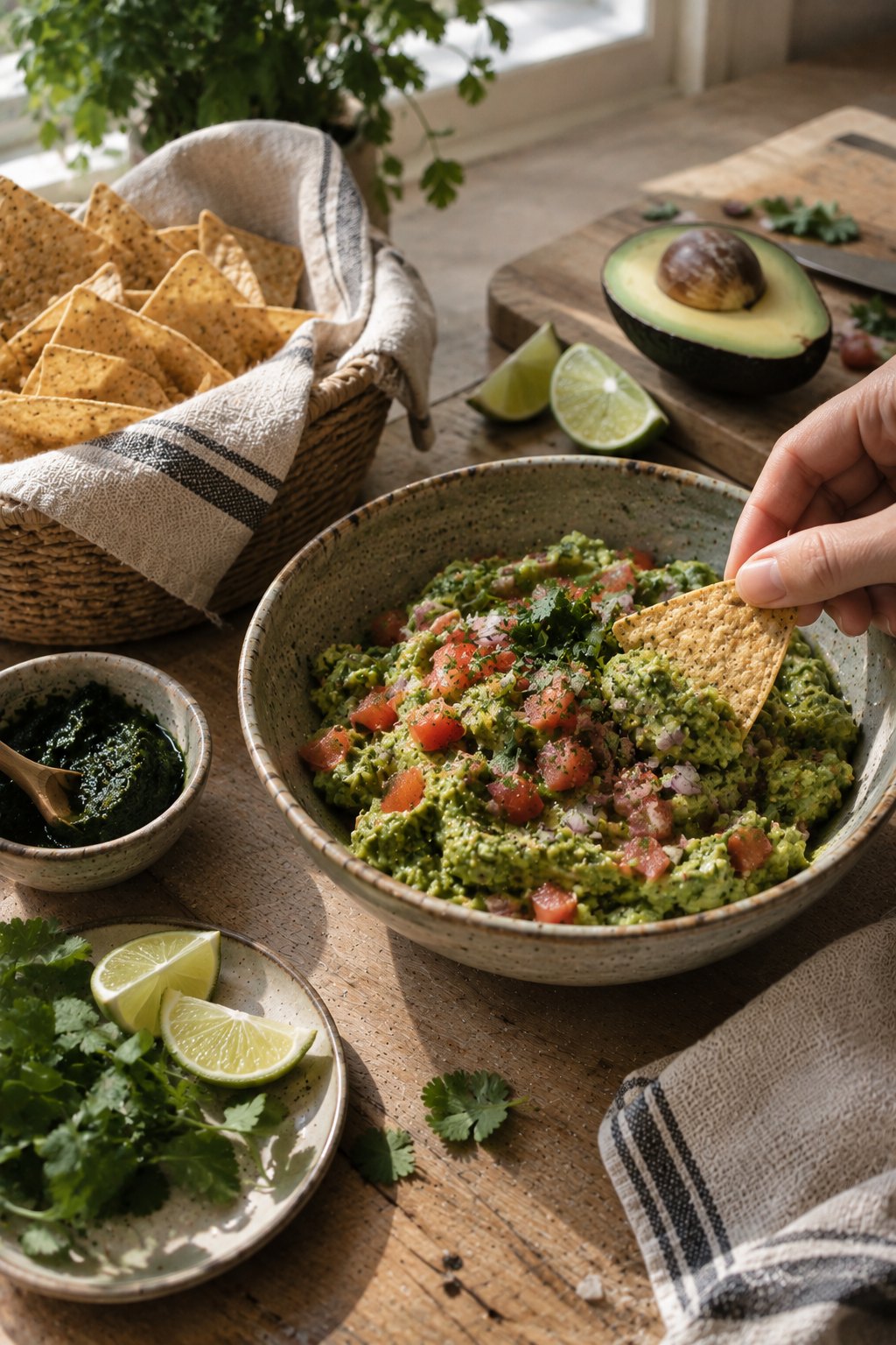 Spirulina Guacamole mit Tomate, roter Zwiebel und Koriander in einer Keramikschale, eine Hand dippt einen Tortillachip, daneben Chips im Korb, Limetten und eine halbe Avocado