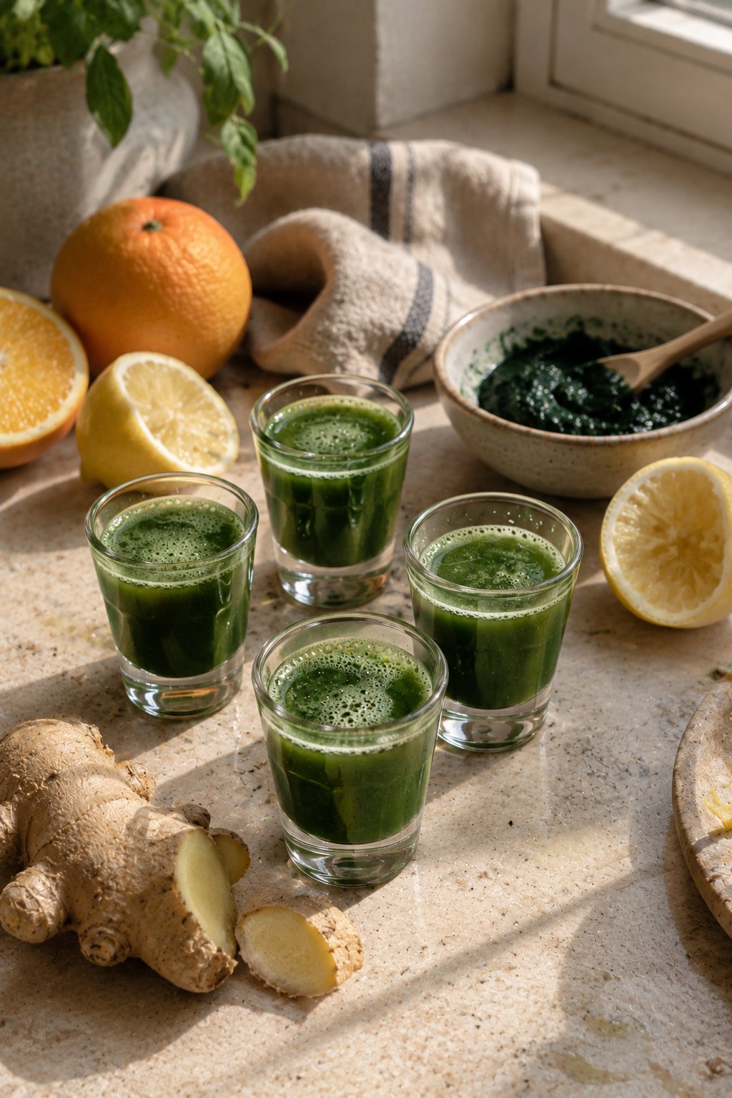 Vier kleine Gläser grüner Spirulina Ingwer Shot auf einer hellen Steinplatte, daneben frischer Ingwer, halbierte Zitronen, eine Orange und ein Schälchen frische Spirulina