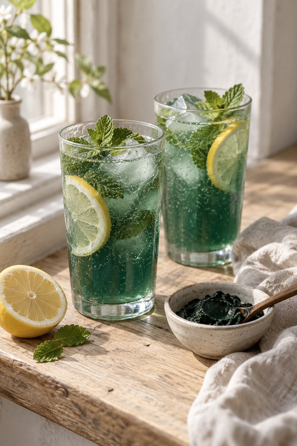 Zwei Gläser Spirulina Zitronenlimo mit Eis, Minze und Zitronenscheiben auf einer hellen Holzfensterbank, daneben eine halbe Zitrone und ein Schälchen frisch geerntete Spirulina