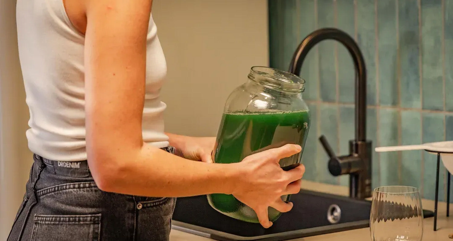 Frau reinigt die MySpirulina Farm am Waschbecken
