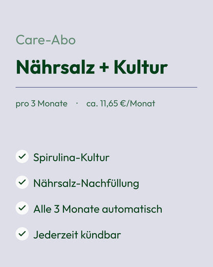 Care-Abo von MySpirulina: Nährsalz und Spirulina-Kultur im Abo