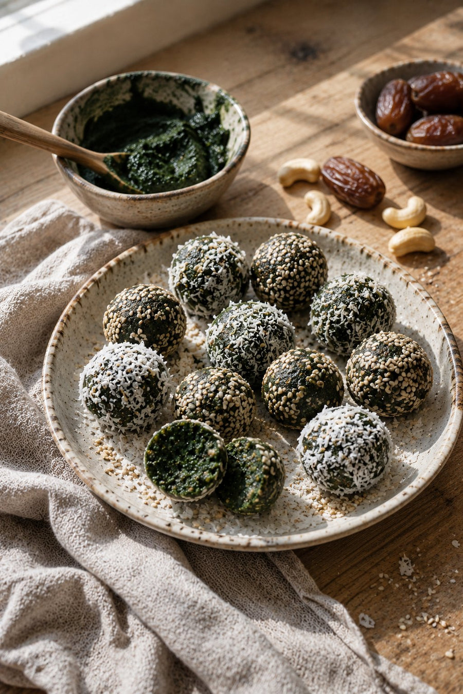Grüne Spirulina Energy Balls in Kokosraspeln und Sesam auf einem Keramikteller, eine Kugel halbiert, daneben frische Spirulina, Datteln und Cashews auf einem Holztisch