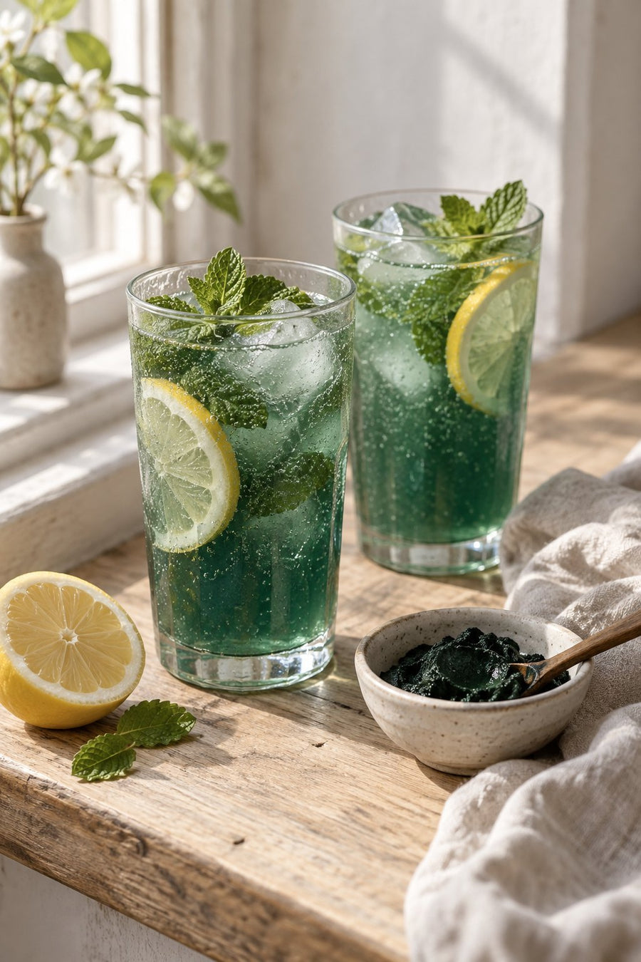 Zwei Gläser Spirulina Zitronenlimo mit Eis, Minze und Zitronenscheiben auf einer hellen Holzfensterbank, daneben eine halbe Zitrone und ein Schälchen frisch geerntete Spirulina